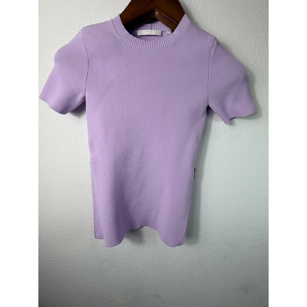 Helmut Lang Women Top Purple S Short Sleeve Ribbed Side Zip Slim Fit Silhouette